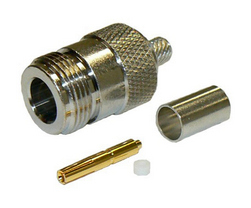 N-type female crimp connector for RG59 single core, solid PE dielectric, 75 Ohm coaxial cable, DC-11 GHz, 50 Ohms – tri-metal plated